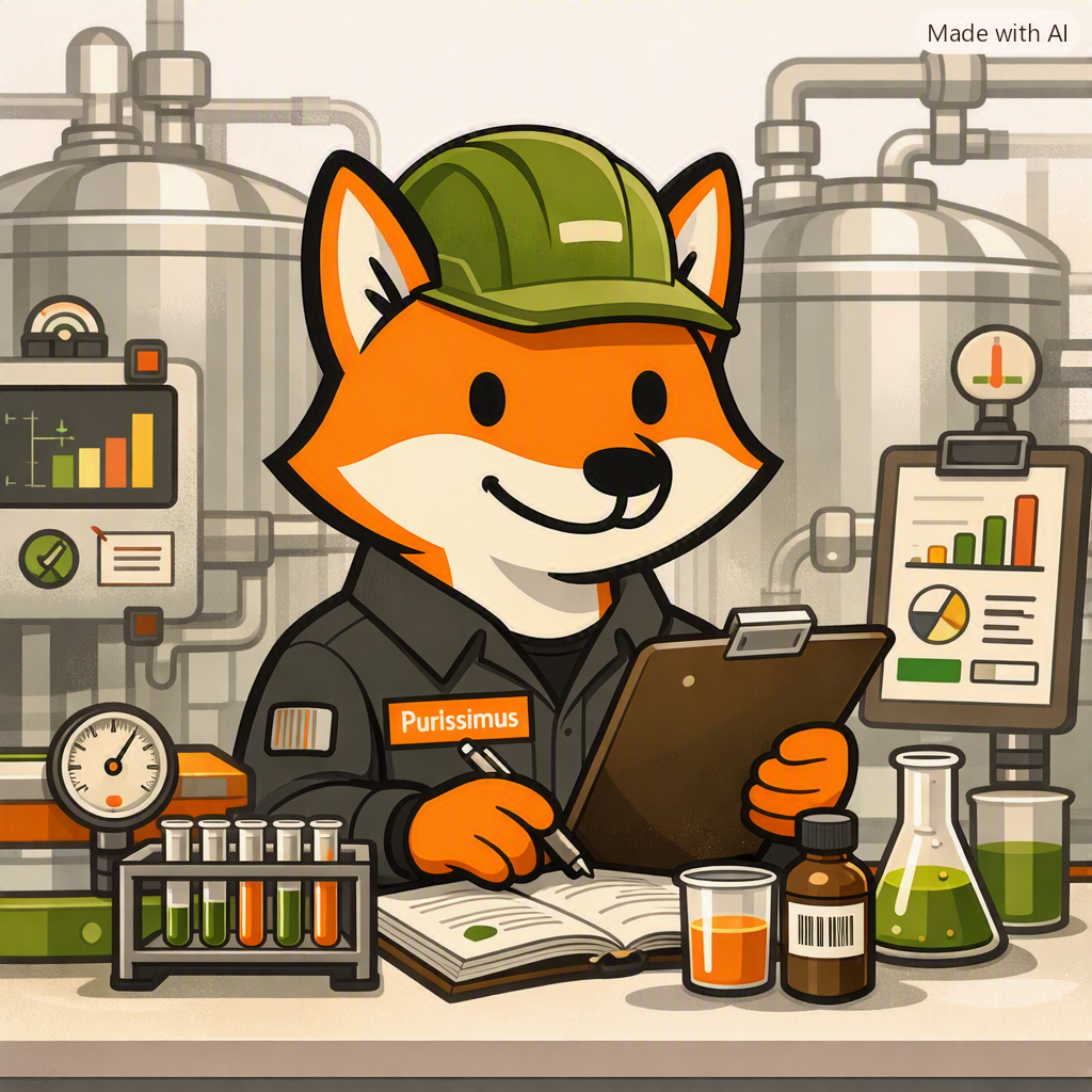 WildFox como técnico de planta industrial, con casco, tablero de control y muestras de laboratorio, en referencia a la etapa en Purissimus